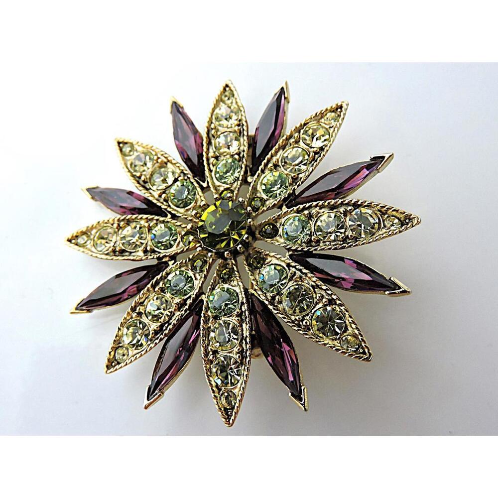 CVB (2001) Vintage RJ GRAZIANO Gold Tone Green & Purple Rhinestone Brooch